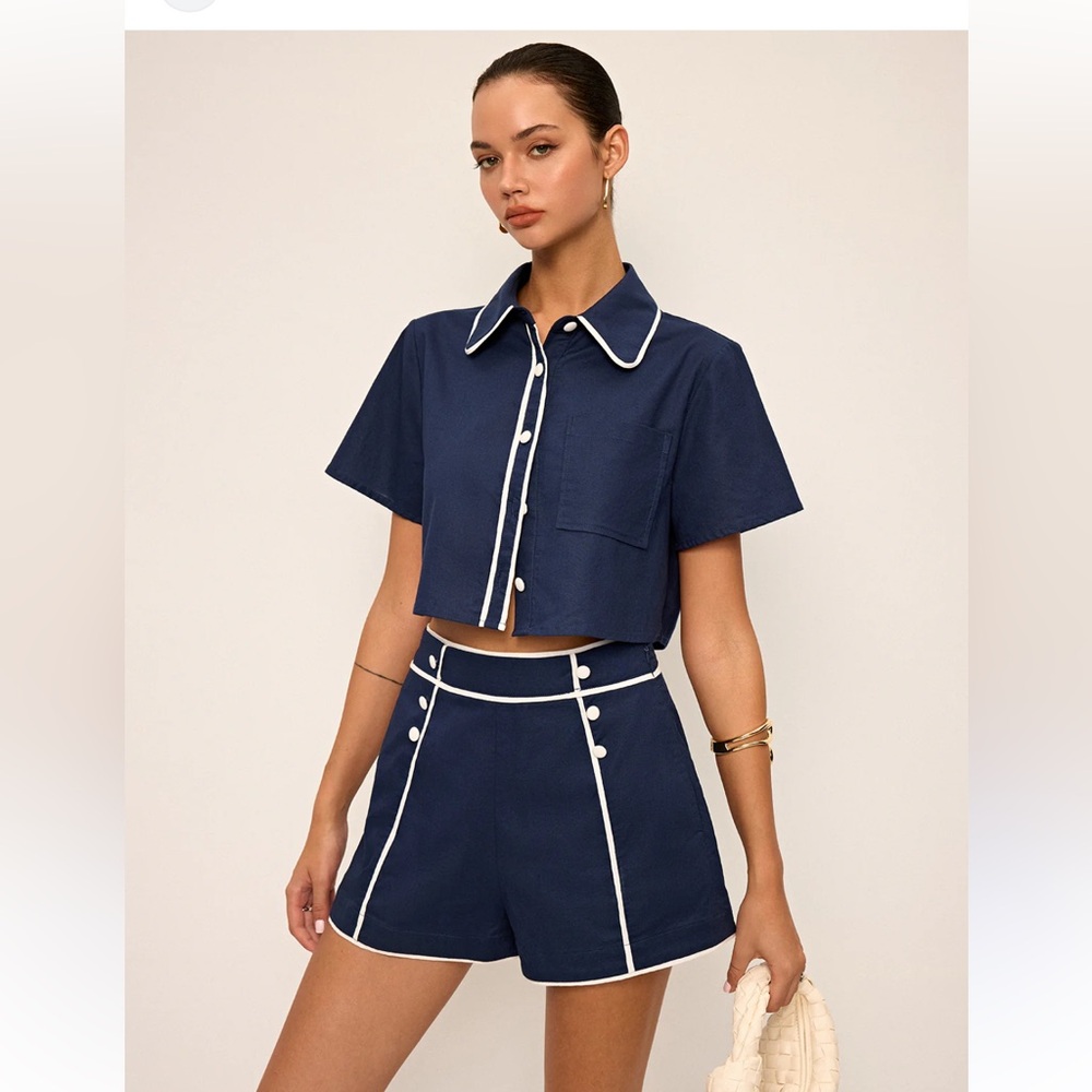 Commense Navy Shirt and High Rise Shorts with White Piping